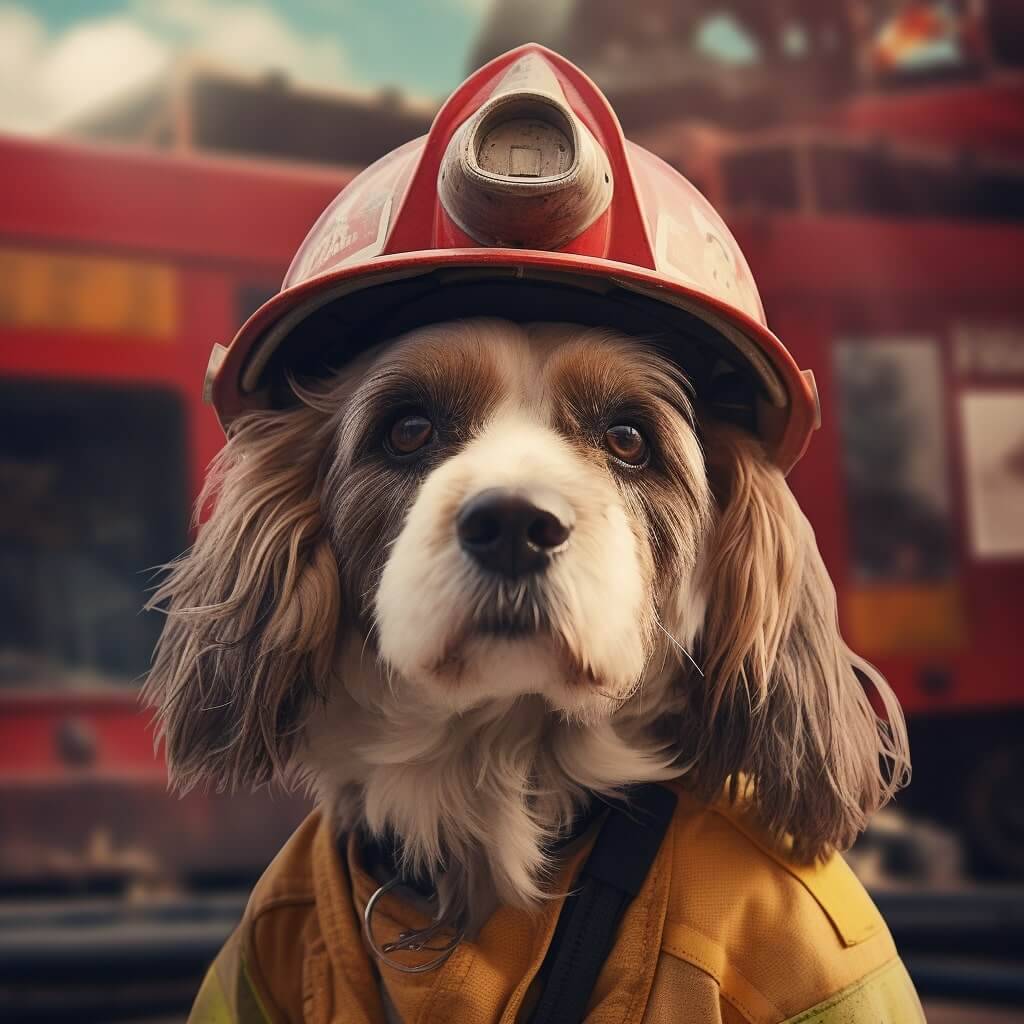 Adorable Pets Embracing Firefighter Spirit - Showcasing Dog Paintings for Sale