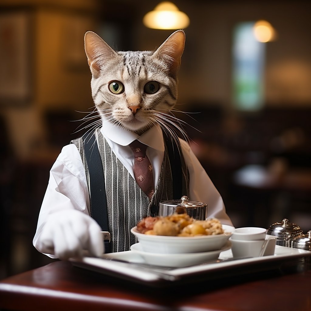 Knowledgeable Dining Waiter Fantasy Art Picture Cat