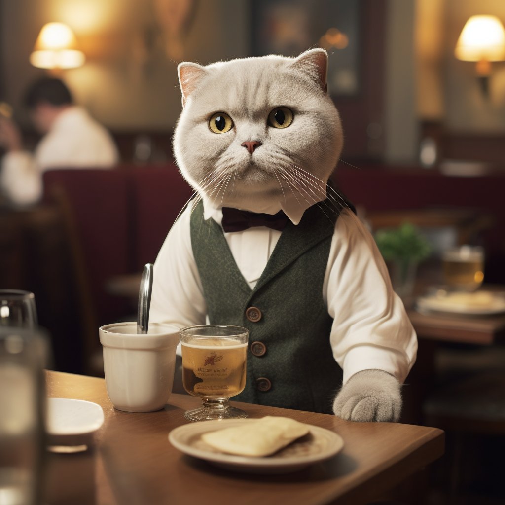 Polite Catering Waiter Simple Cat Art Pic